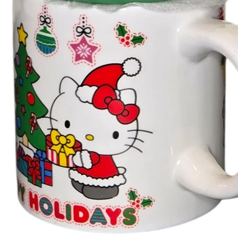 Hello Kitty Christmas Mug Tree Lid Happy Holidays Sanrio Ceramic Cup Kawaii
